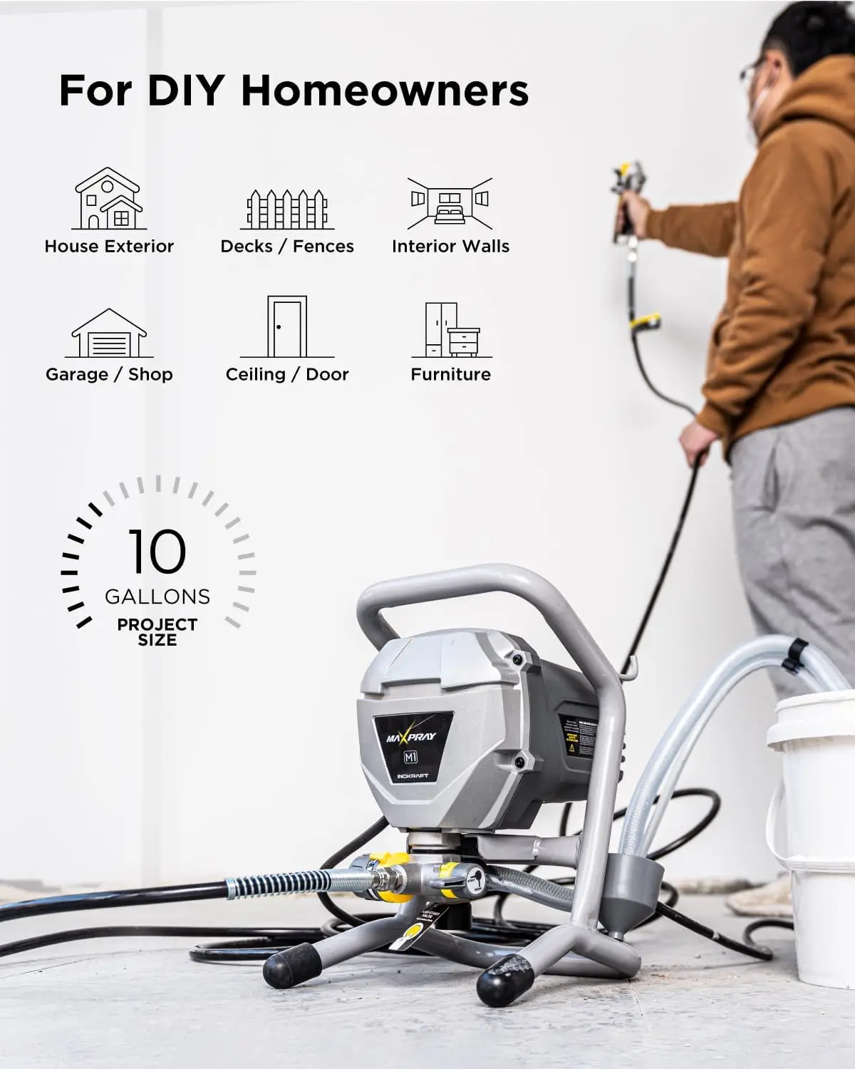 MaXpray M1 Airless Paint Sprayer, Highly Efficient Thinning-Free Minimal Overspray for Up to 10 Gallon DIY Painting Projects Hom