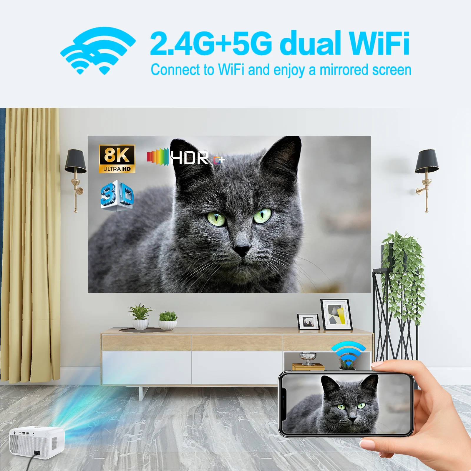 Portable Android 9.0 CY900 Projector 1920*1080P 300ANSI BT5.0 Smart WIFI Projectors