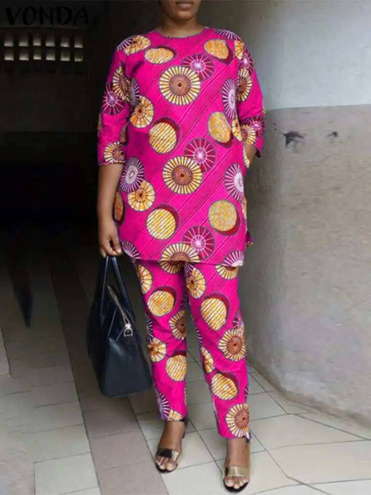 

Женские осенние комплекты VONDA 2024, элегантные Брючные костюмы, повседневный топ с рукавом 3/4 и брюки с принтом, комплект из 2 предметов, подходящие комплекты