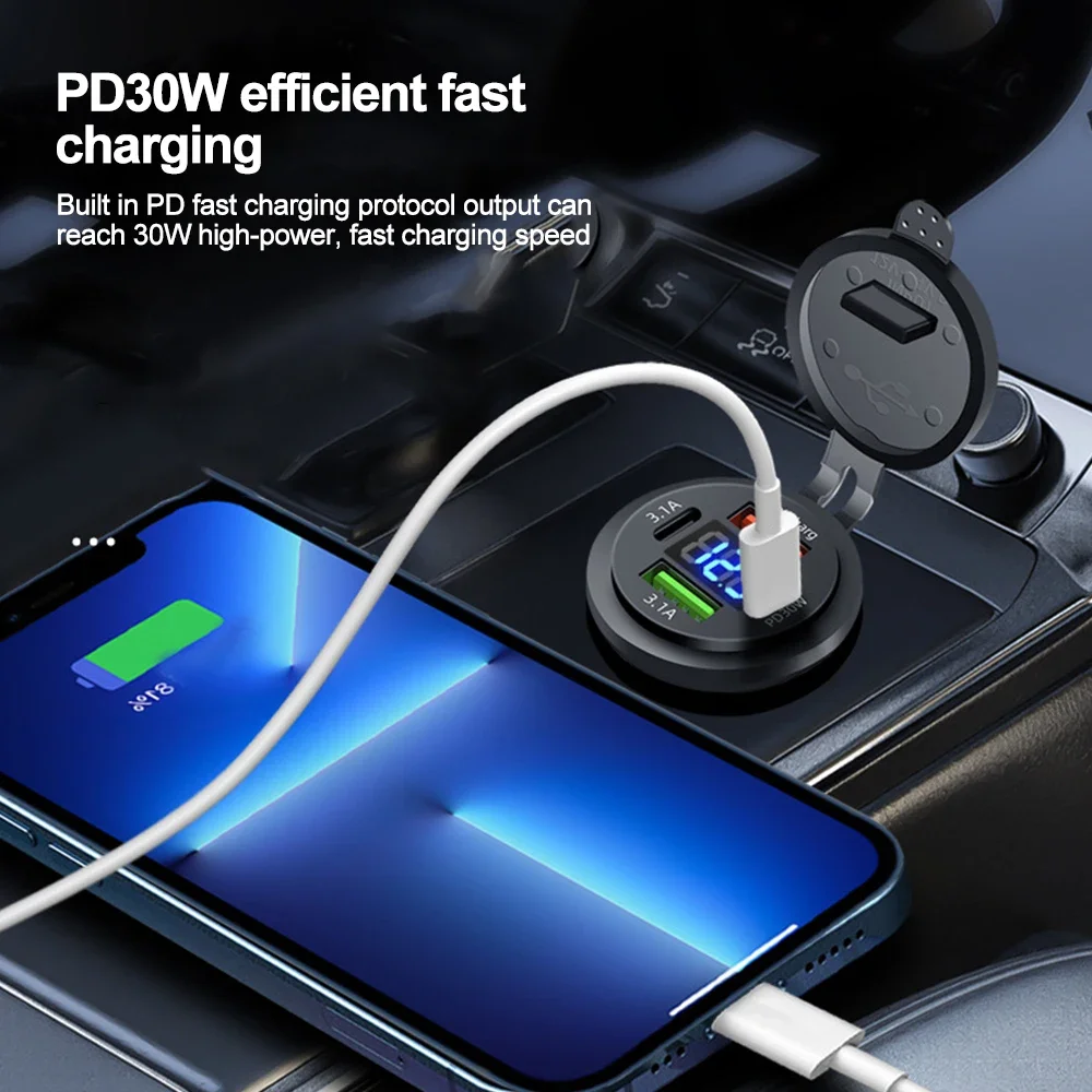 83W 차량용 충전기 소켓 PD30W 빠른 충전 듀얼 USB + 유형 C 콘센트 전화 전원 어댑터 (오토바이 트럭 보트 용 전압계 포함)