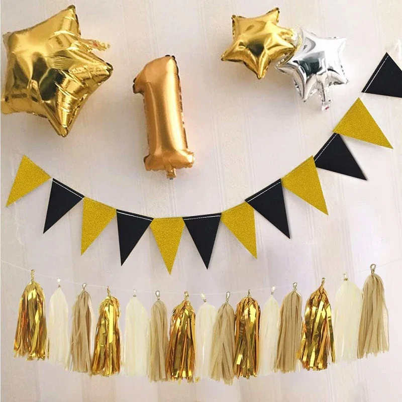 Birthday Wedding Graduation Party Black Gold Triangle Flag Party Background Banner Decoration party decorations birthday banner paper birthday banner triangular flags jute triangular banner