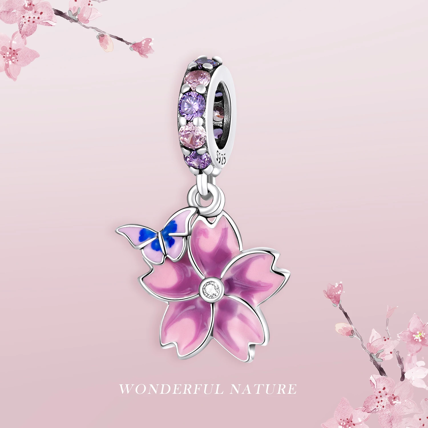 gold jewellery WOSTU 925 Sterling Silver Butterfly Pink Purple Flower Charm Bead Pendant Fit Original Bracelet Necklace For Women Jewelry C2185 my jewellery