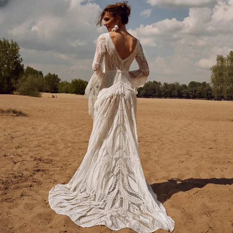 V Neck Flare Sleeves Lace Wedding Dresses for Women Long Ruffles Tassels Bride Dress Backless Vintage Bridal Gown