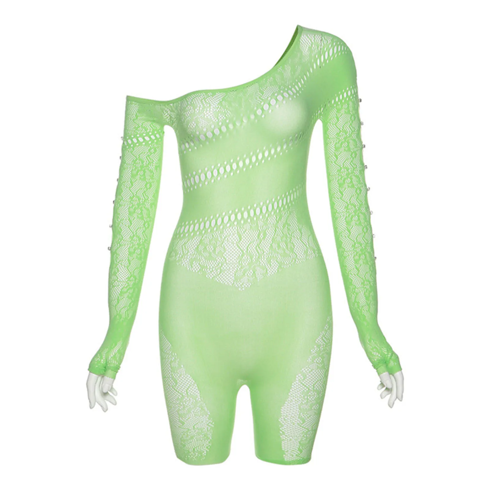 

Womens Sexy See Through Romper Seamless Long Sleeves Jumpsuit Mesh Shorts for Summer Early Autumn Spring