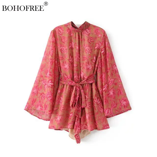 

Boho Casual Streetwear short romper Sashes Backless Bow Tie Red Floral Romper Women's Jumpsuit