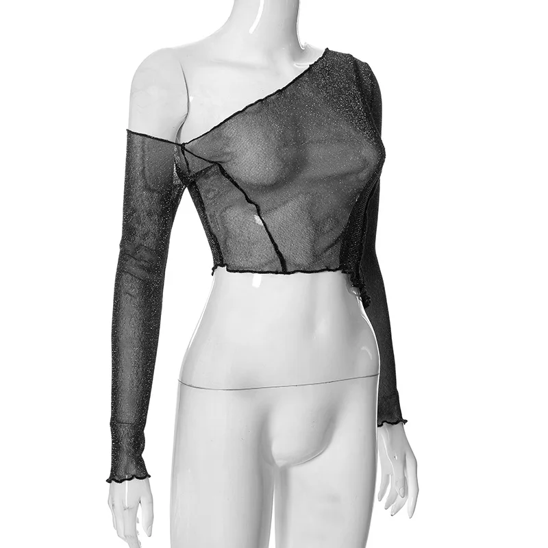 Top corto de un solo hombro con purpurina negra transparente, ajustado, liso, para mujer, top sexy de malla Y2K para fiesta, verano 2025