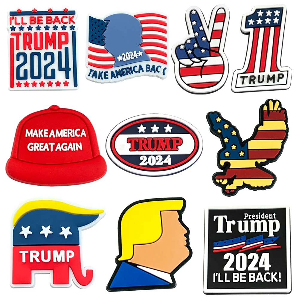 

Shoe Charms 1Pcs Trump US presidential election Pins PVC DIY Sandals Accessories for Clogs Favors Gifts