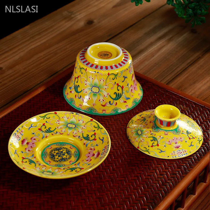 WSHYUFEI Jingdezhen Porcelain Gaiwan Exquisite Enamel Color Tea Bowl with Saucer Lid Kit Handmade ceramics Teaware 280ml