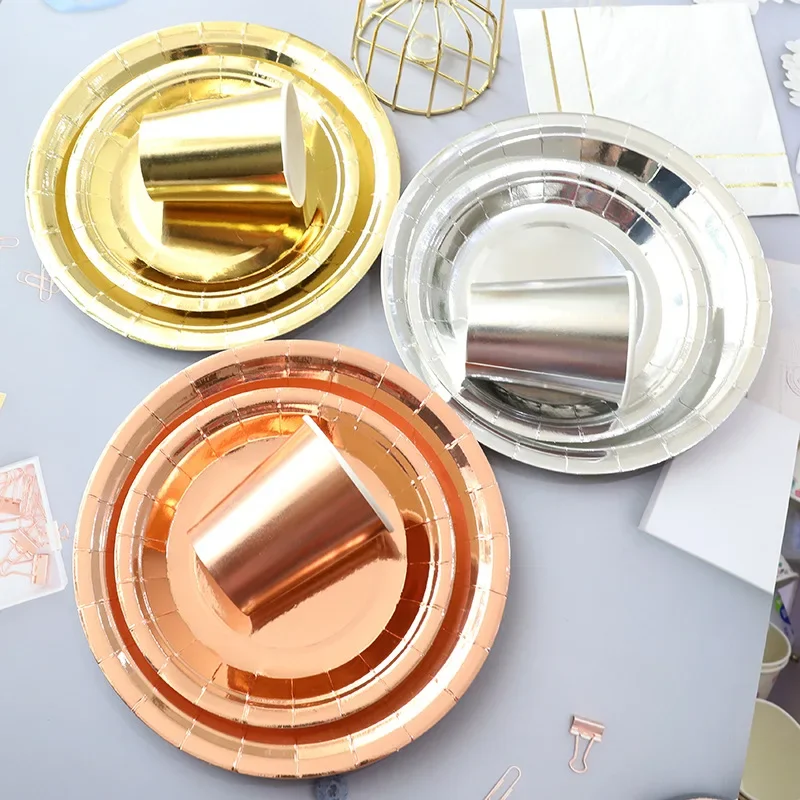 Disposable Tableware Set, Paper Plates and Cups, Monochromatic, Gold, Silver Wedding, Birthday Party Supplies, New Year, 10Pcs,