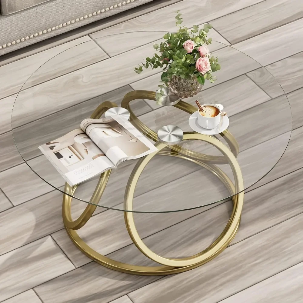 Round Coffee Table, Modern Silver Coffee Table Living Room Table with Ring-Shaped Frames, Glass Coffee Table for Home&Office 2