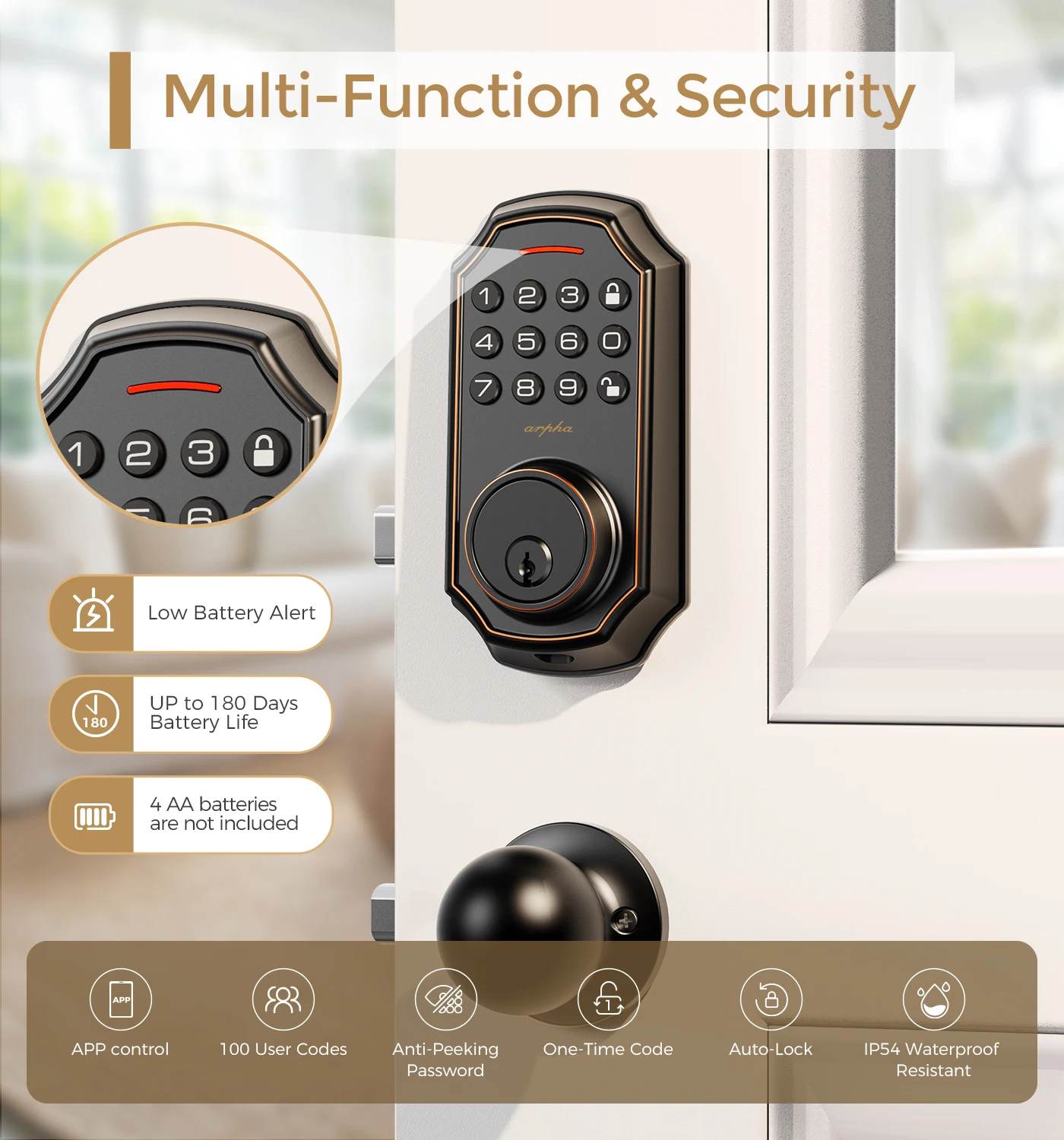ARPHA Fingerprint Smart Door Lock - Keyless Entry Door Lock, Built-in - Foto 6