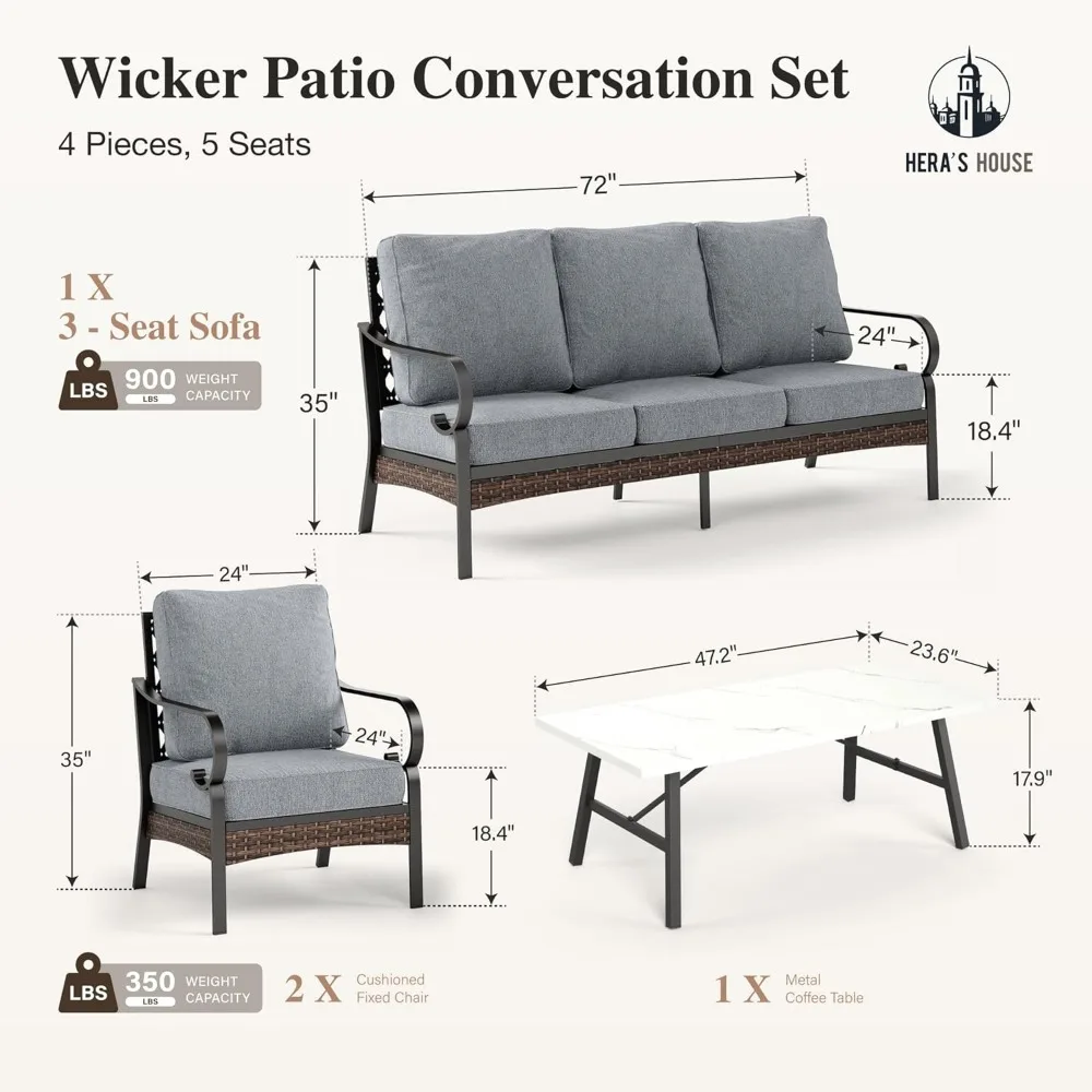 2 x Cushioned Metal Chair, 1 x 3-Seat Sofa with Coffee Table, All Cushioned 5 Seats Patio, Garden Sofas 4
