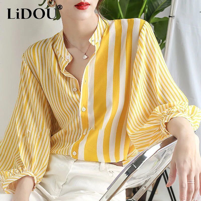 

Spring Summer Stand Collar Vintage Striped Print Loose Casual Shirt Lady 3/4 Sleeve Elegant All-match Cardigan Top Women Blouses