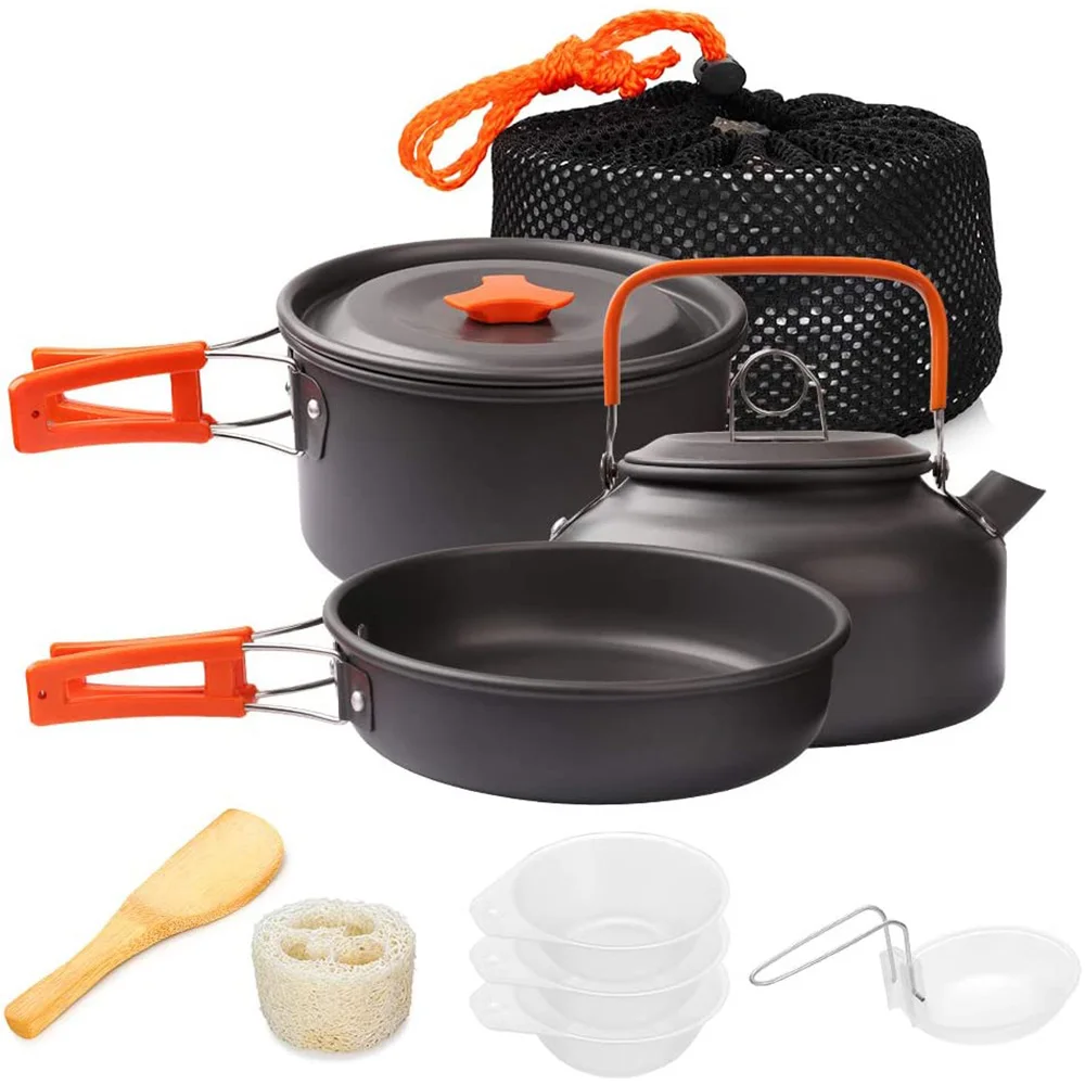 1pcs/1set Camping Cookware Kit Outdoor Cooking Set Aluminum Equipment Outdoor Pot Travel Tableware Kitchen Hiking Picnic BBQ