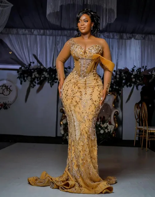 럭셔리 아소 Ebi 이브닝 드레스, 긴 소매 스팽글 구슬 인어 무도회 가운, 2023 결혼식 피로연 파티 두 번째 드레스