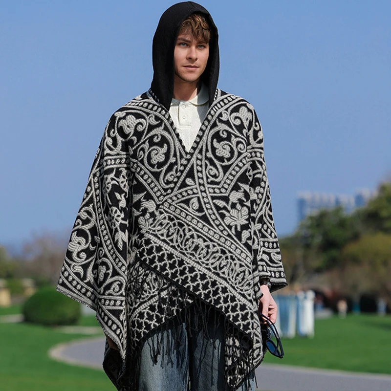 Fashion Ethnic Jacquard Acrylic Cashmere Cape Hoodie Cloak