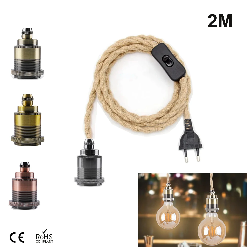 Antique Hemp Rope 2 Meters Cable With EU Plug Switch Vintage E26 E27 Blub Lamp Holder For Wall Bracket Hanging Lamp Cord Kits 433mhz wireless remote control light switch ac 110v 220v 10a rf mini relay receiver 50 meters transmitter for lamp fan on off