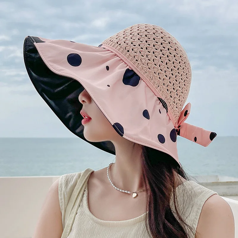 

Summer Women Fashion Polka Dots Bucket Hat Big Brim Outdoor Sunscreen Anti-UV Foldable Empty Top Sun Hat Female Travel Beach Hat