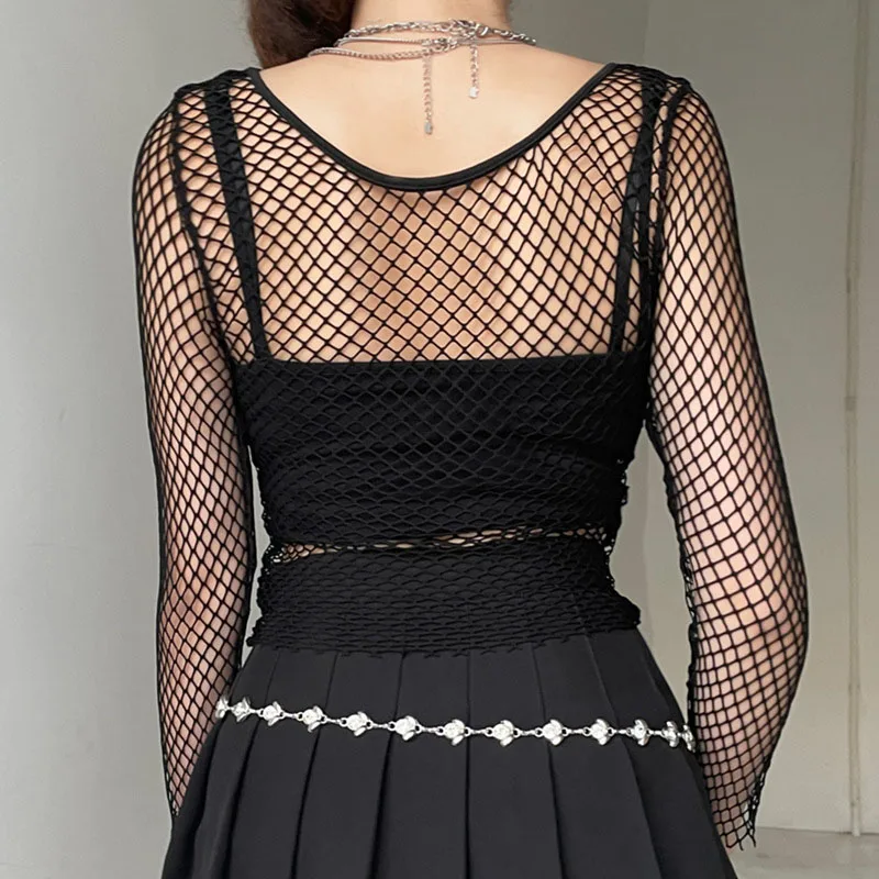 Goth Fishnet Grunge Mall Gothic Women's Sexy T-shirts Punk Black White Transparent Basic Crop Tops Skinny Fashion Clothing Alt 4