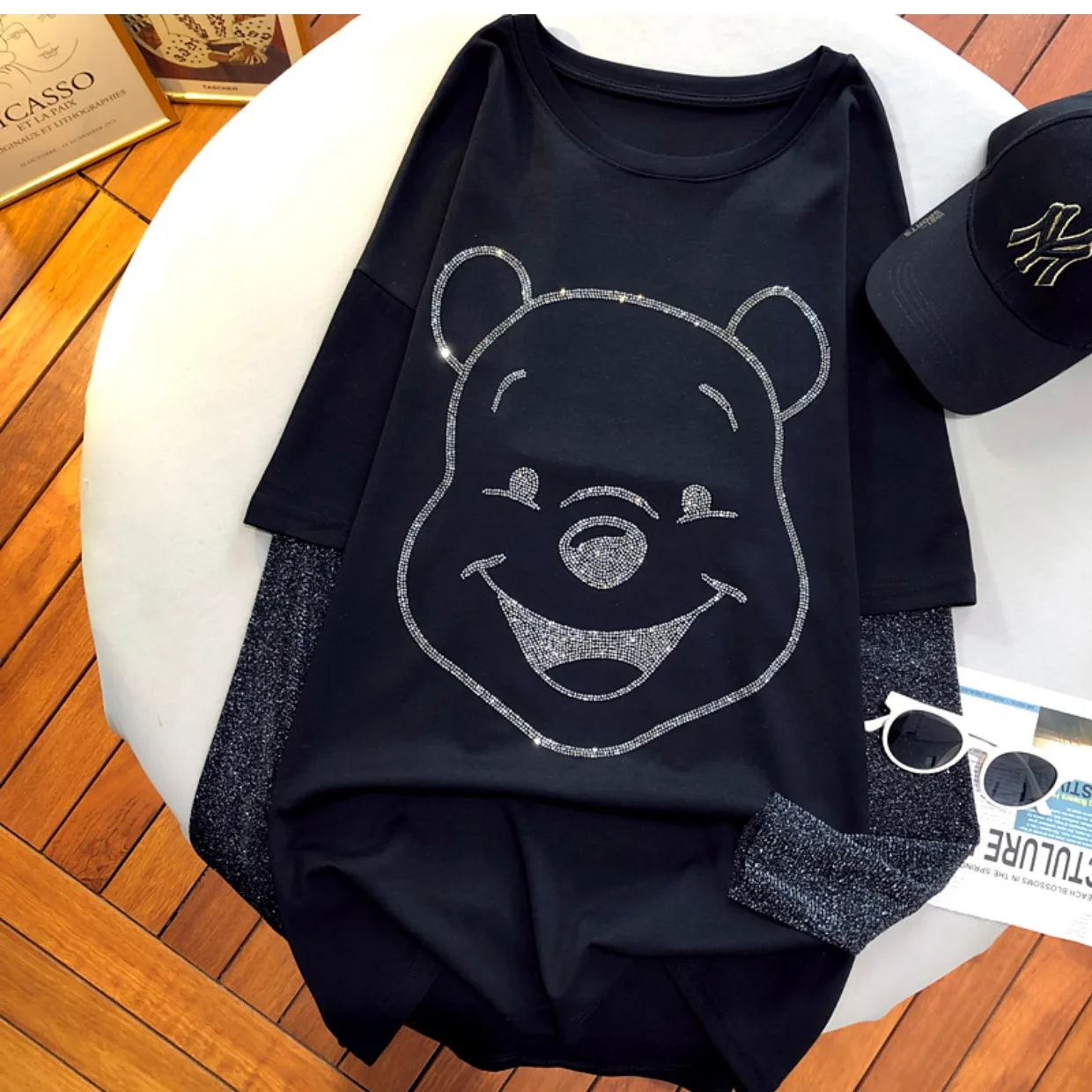 

Disney Cartoon Winnie the Pooh Long Sleeve Children's Top Patchwork Design Casual Girls T-shirts Cotton Summer 2023 Kids Blouse