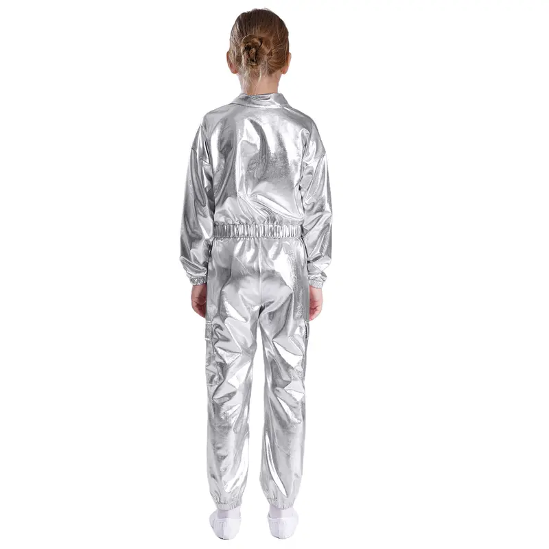 Kids Boys Girls Jazz Hip-Hop Street Dance Performance Costume Metallic Shiny Long Sleeve Athletic Jacket Coat with Pants Outfits - Image 2