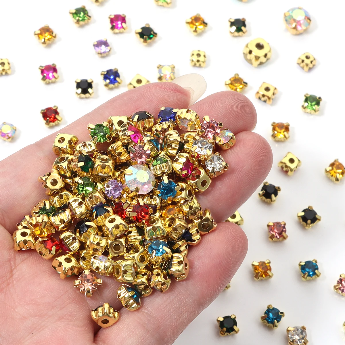 50-100pcs 5/6/8mm 바느질 라인 석 비즈 반짝이 컬러 크리스탈 클로 버튼 DIY 의류 신발 모자 장식 바느질 액세서리