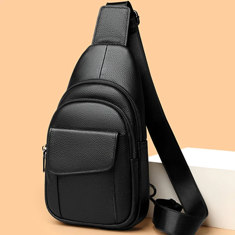 Genuine Leather Men Chest Bag Shoulder Bag Cowhide Purse Casual Sports Crossbody Bag