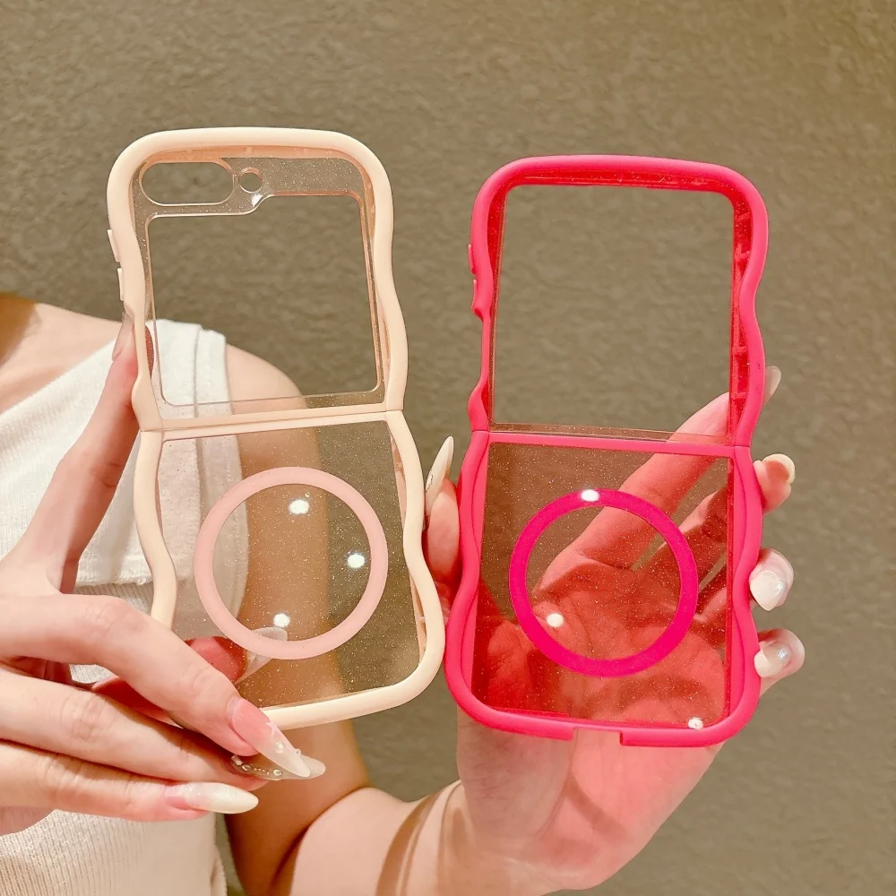 Luxury Transparent Glitter Case with Magnetic Wave Border, Shockproof Cover