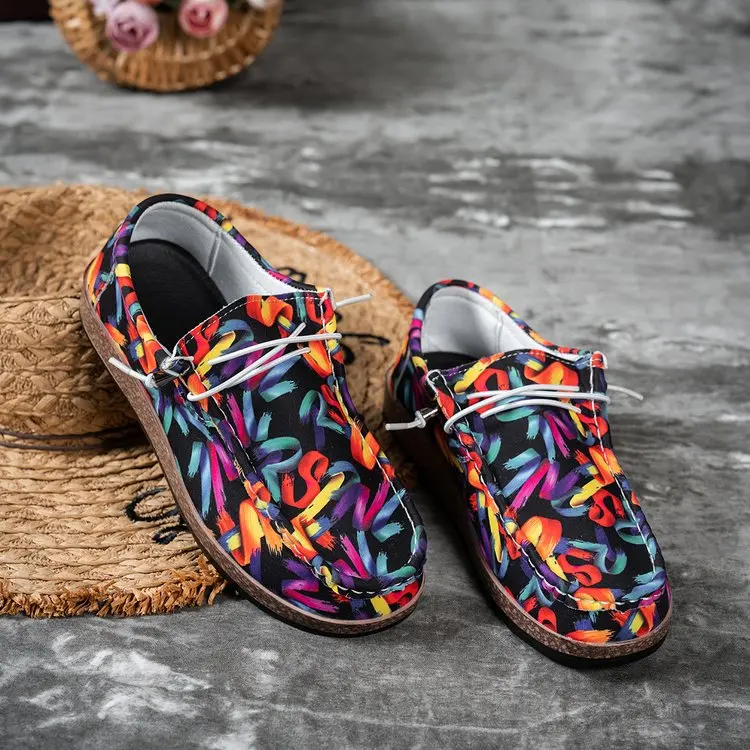 أحذية نسائية كاجوال من القماش للربيع، مطبوعة بنقوش زهور، نعل سميك مريح، أحذية خفيفة الوزن سهلة الارتداء للسيدات للاستخدام اليومي