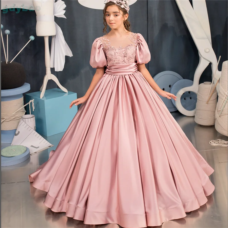 Pink Satin Flower Girl Dress For Wedding Puffy Applique Short Sleeves Floor Length With Bow Birthday Party First Communion Gown