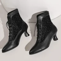 Women Victorian Ankle Boots Leather Lace Heel Shoes for women  Fashion Lace Up Spliced Ladies High Heels Woman Boots Ankle 46 - Image 2