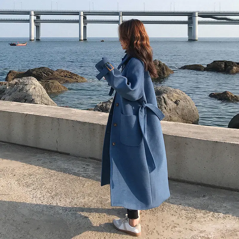 Korean Fashion Woolen Coat Women Warm Solid Colors Long Sleeve Autumn Jacket Oversized Single Breasted Loose Wool Blend Outwear