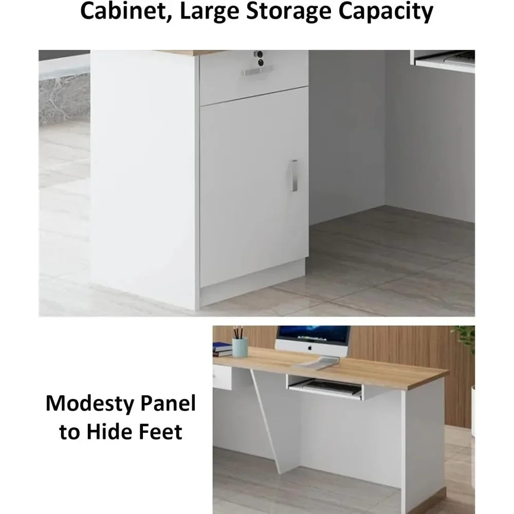 Modern L-Shaped Reception Desk with Hutch and Lockable Drawer & Cabinet, Office Wooden Computer Front Desk, Retail Counter 5