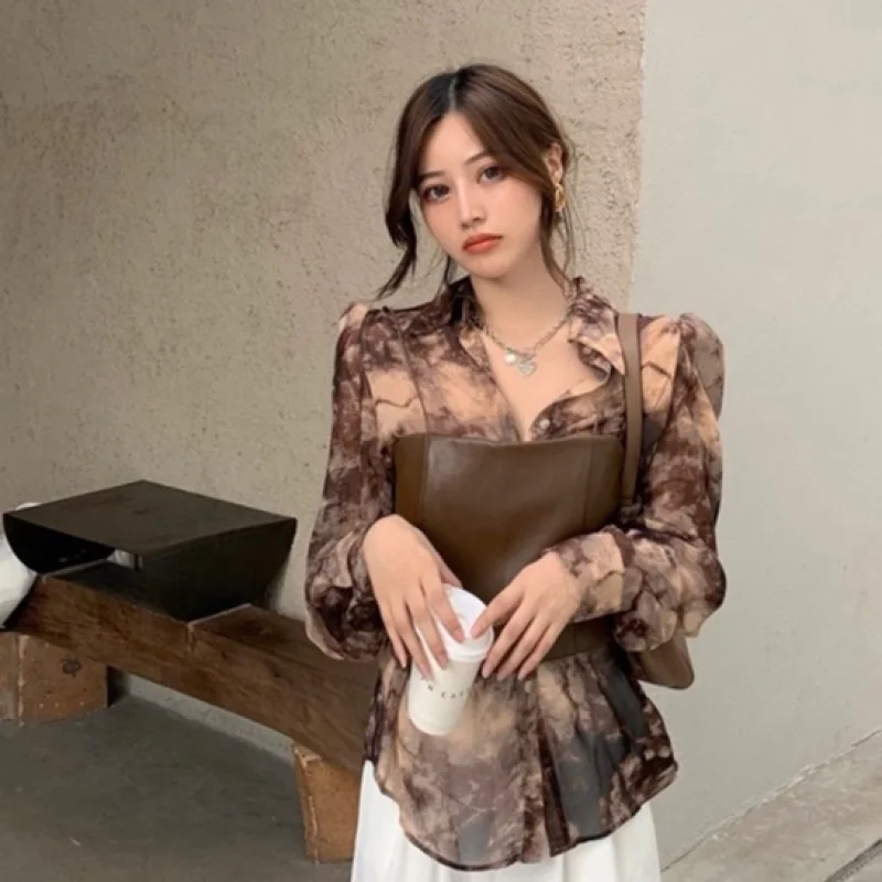 

Tie-dye gradient ink painting chiffon shirt leather camisole two-piece suit (order separately)