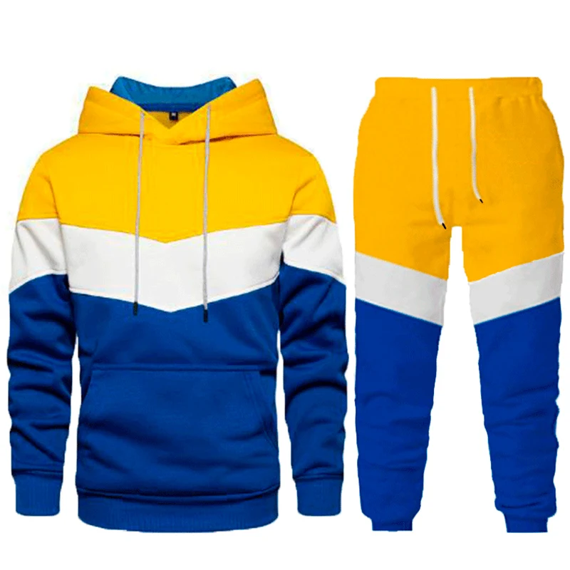 Autumn Winter Loose Casual Patchwork Hoodies Elastic Waist Sweatpants Set Male Fashion Pocket Pullover Hooded Top Pants Suit Men