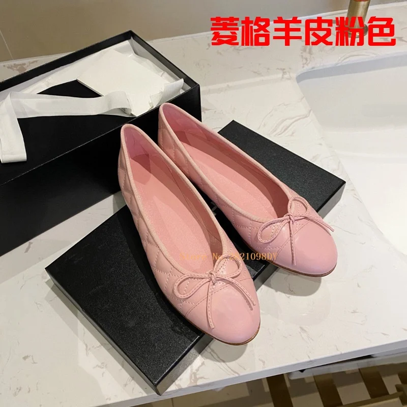 Women Flats Bowknot Flats Ballet Dance Shoes for Women's Four Seasons Sheepskin Real Leather Round Toe Shallow Mouth Comfortable Shoes