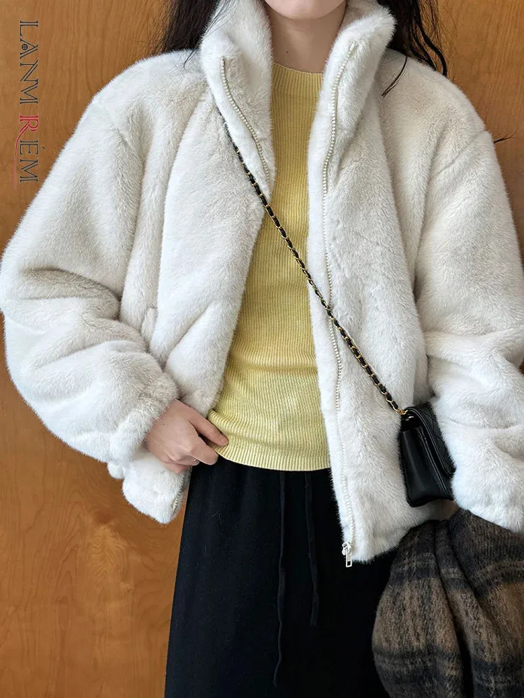 

LANMREM Winter Warm Faux Fur Coat Women Stand Collar Solid Color Loose Thick Jackets Korean Style 2023 Winter New 2AA4143