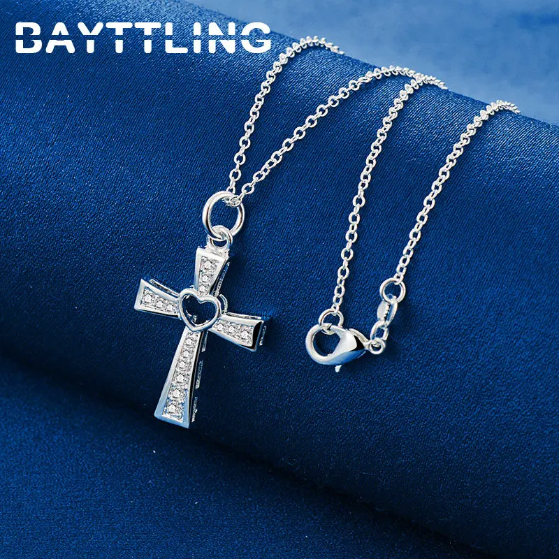 Charm 925 Sterling Silver 16-30 Inches Fine Heart Zircon Cross Necklace For Women Men Fashion Wedding Gifts Party Jewelry