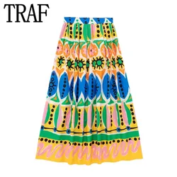 TRAF-Falda larga plisada con estampado para mujer, falda de cintura alta, ropa de calle fruncida, conjuntos de falda Midi para playa, moda de verano, 2023