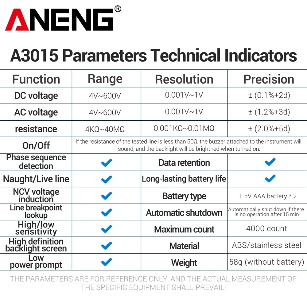 ANENG A3015 Smart Mini Pen Multimeter AC/DC Voltage NCV Voltage Induction Digital Backlight Car Diagnostic Probe Detector Pen digital multimeter,multimeter tester