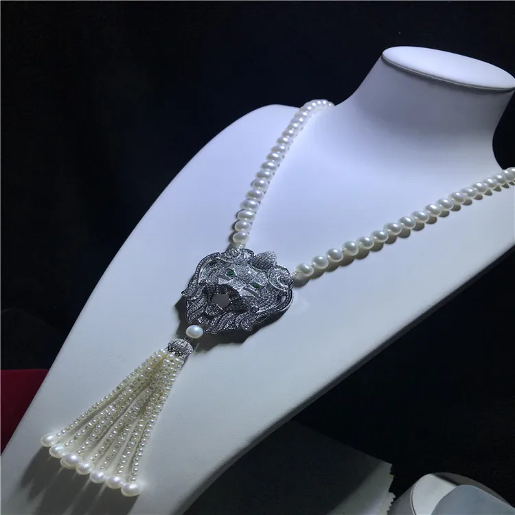 ZI YOU women's fashion jewelry micro inlaid zircon lion accessories freshwater pearl necklace tassel pendant long sweater chain