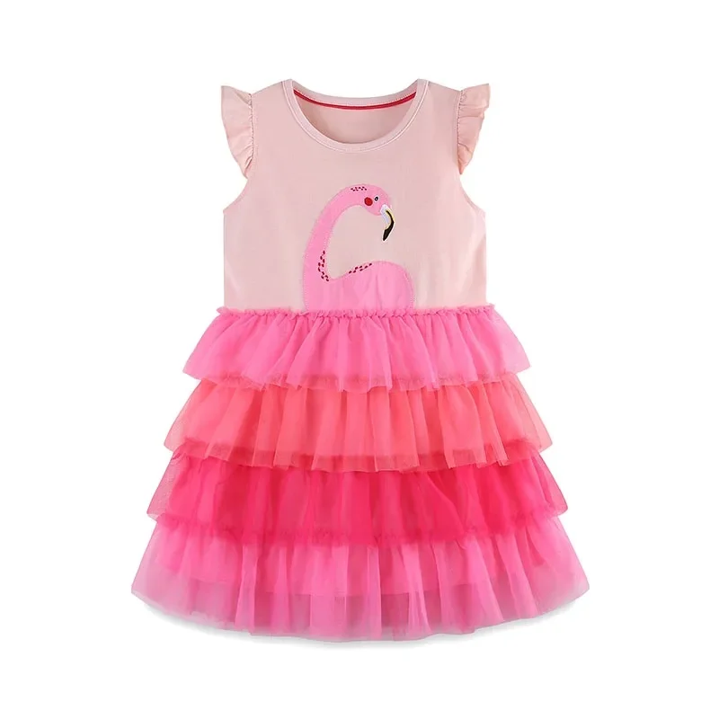 Kids Clothes Summer Children 's Clothing Baby Girls Cotton Embroidery Cartoon Flamingo Multilayer Mesh Dresses