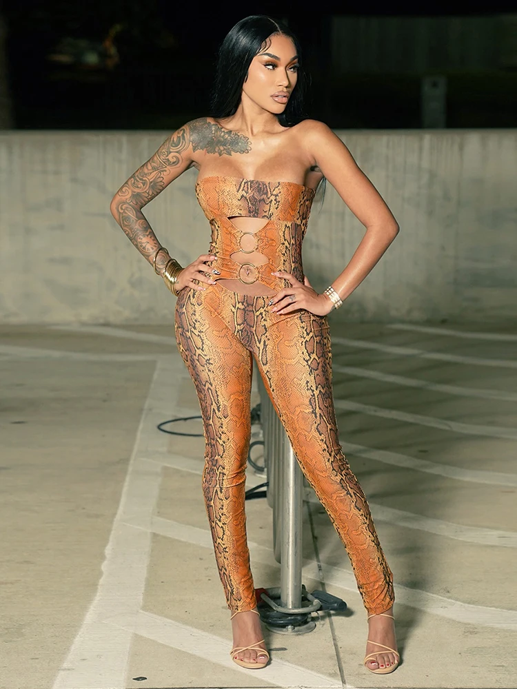 Nibber Hollow Snake Print Jumpsuits Women Y2K Strapless Metal Cirque Midnight Workout Activity Hipster Sexy Stretch Overalls