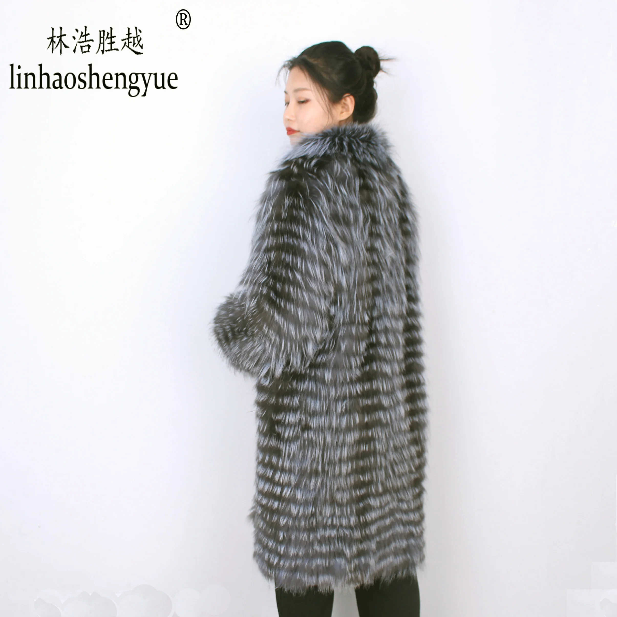 

Linhaoshengyue 100cm long real Silver fox red fox nature fur coat Wool knit liner,stylish stand collar