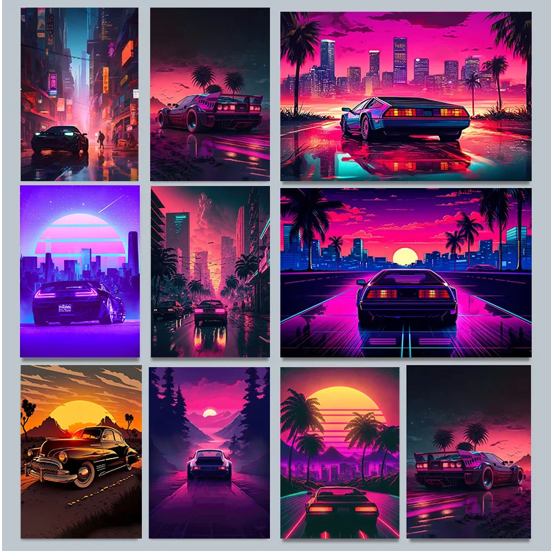 Car Sunset Beach Neon Landscape Retrocity Scape Poster Print Wall Art Pictures Canvas Painting Soggiorno Camera Da Letto Home Decor