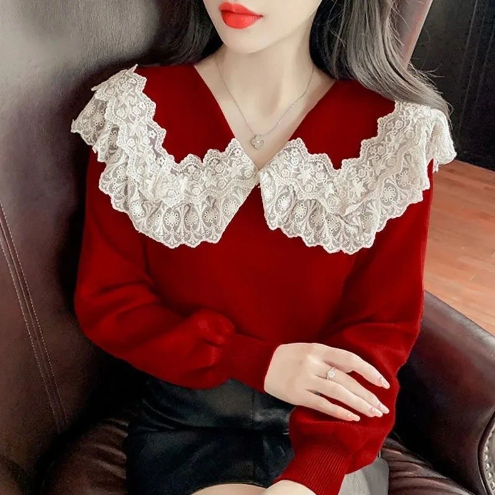 

Women Full Sleeves Sweet Top 2023 Autumn Pullover Peter Pan Collar Lace Spliced Casual Knitwears Warm Slim Jumpers Oversized 3XL