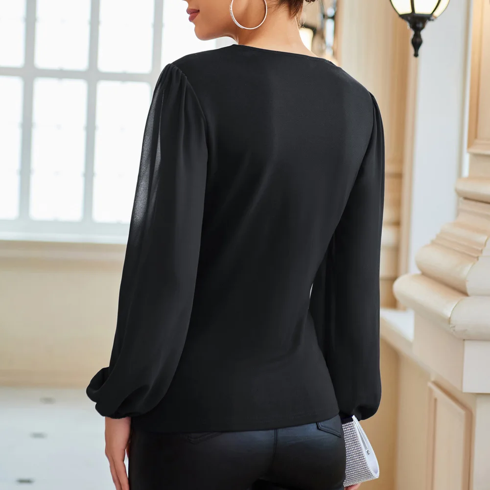 GK Women Casual Shirts Party Cocktail Knotted Bodice Tops Long Chiffon Sleeve Crew Neck Pullover Fashion Stylish Tees Streetwear
