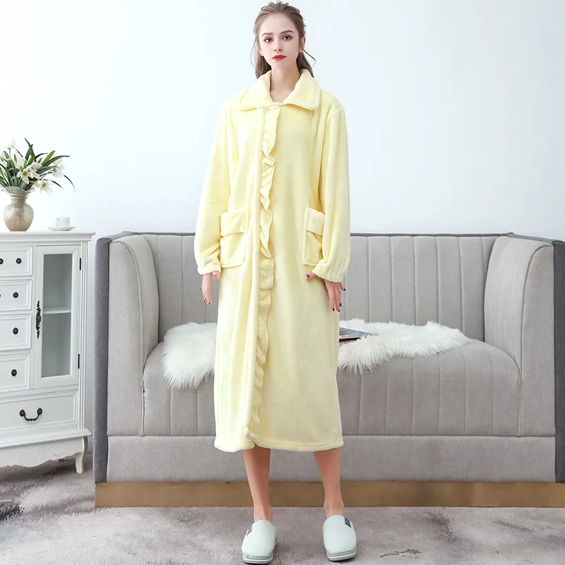 Autumn Winter Long Flannel Bathrobe Home Wear Clothes Dressing Gown Women's Coral Fleece Soft Nightdress Warm Bath Robes