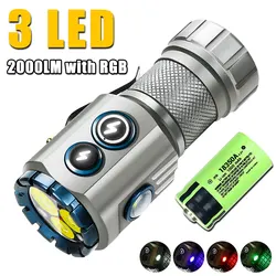 3 LED Flashlight 2000 Lumens USB Rechargeable 18350 Torch Upgrade RGB Side Lamp IP68 Waterproof with Magnet for Hiking Camping