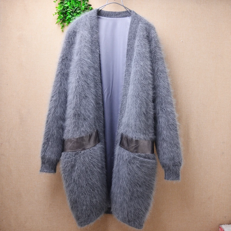 

Ladies Women Fall Winter Clothing Grey Hairy Plush Mink Cashmere Knitted Loose Cardigans Mantle Angora Fur Coat Sweater Pull Top